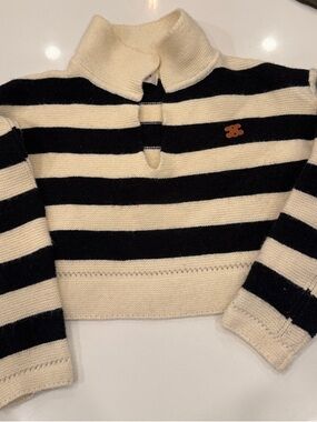 Celine Black & Cream Striped Cropped Polo Sweater